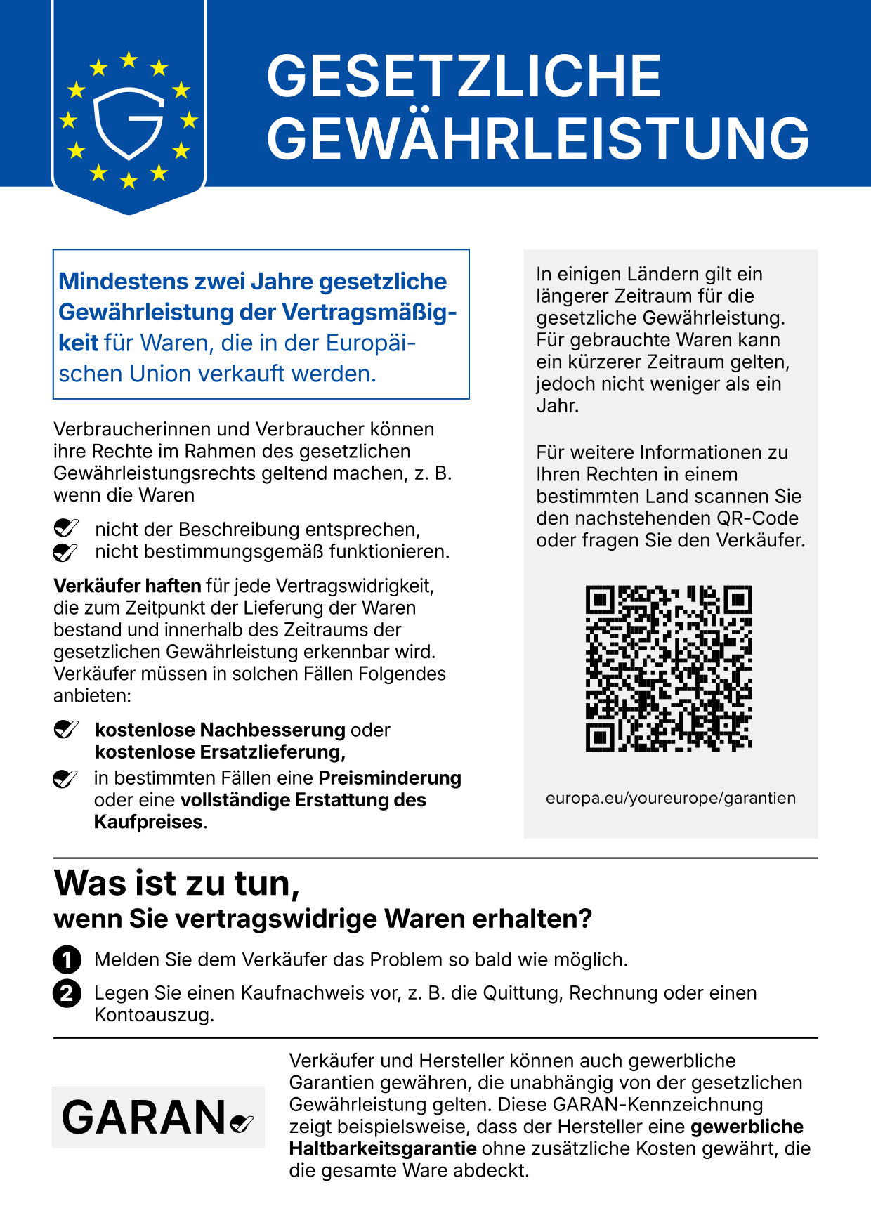 Gesetzliche Gewährleistung – mindestens zwei Jahre gesetzliche Gewährleistung für Waren, die in der Europäischen Union verkauft werden